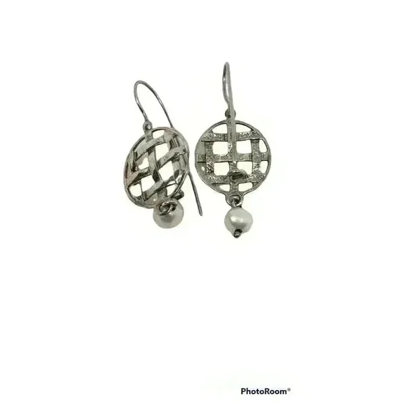 Vintage Pearl Earrings Sterling Silver Basket Weave Genuine Drop Dream Catcher - Picture 6 of 7